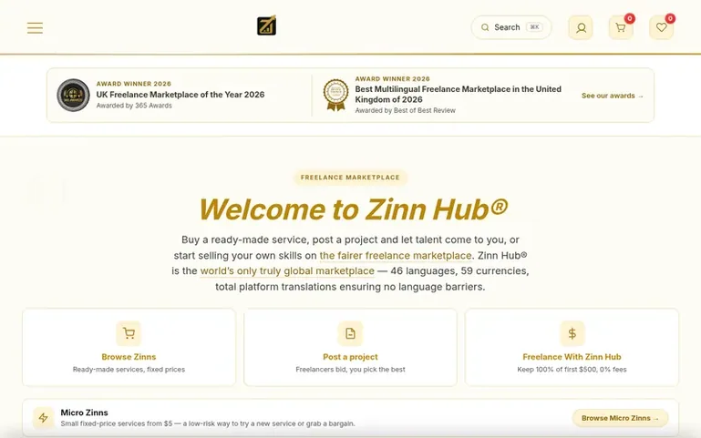 Screenshot of the Zinn Hub homepage