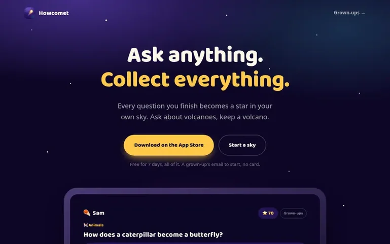 Screenshot of the Howcomet homepage