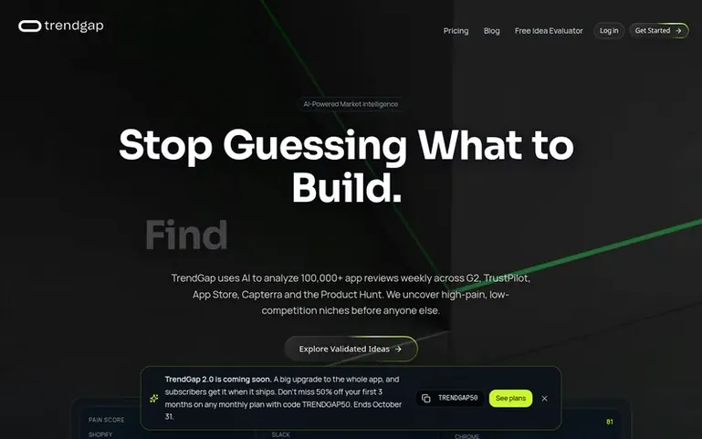 Screenshot of the TrendGap homepage